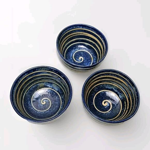 Stoneware‎ Blue Glaze Swirl Pottery Bowls Makers Stamp - Picture 1 of 16